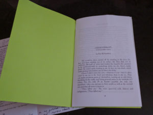 First page, interior of chapbook mock up with full, printed imposition.